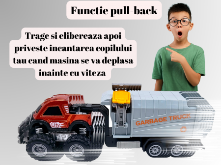 Jeep Metalic off-road cu Remorca Continer Gunoi, Functie Pull-Back, Portocaliu, 20cm, +3 ani, ERGINO® [3]