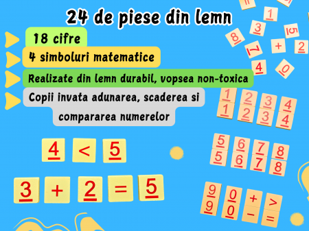 Joc educativ din lemn, Invatam sa numaram, socotim si comparam, Matematica distractiva pentru acasa sau gradinita, Sac depozitare, Cutie din lemn, Pentru prescolari de la 3 ani, 67 piese [3]