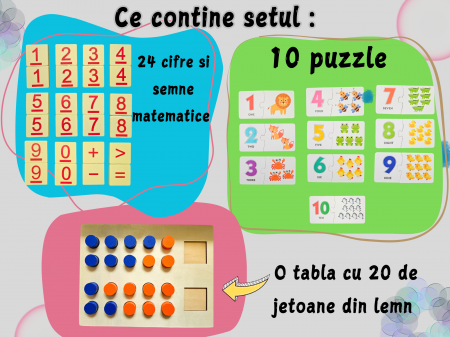 Joc educativ din lemn, Invatam sa numaram, socotim si comparam, Matematica distractiva pentru acasa sau gradinita, Sac depozitare, Cutie din lemn, Pentru prescolari de la 3 ani, 67 piese [1]