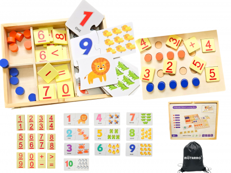 Jocuri educative si puzzle - Joc educativ din lemn, Invatam sa numaram, socotim si comparam, Matematica distractiva pentru acasa sau gradinita, Sac depozitare, Cutie din lemn, Pentru prescolari de la 3 ani, 67 piese