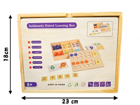 Joc educativ din lemn, Invatam sa numaram, socotim si comparam, Matematica distractiva pentru acasa sau gradinita, Sac depozitare, Cutie din lemn, Pentru prescolari de la 3 ani, 67 piese [6]