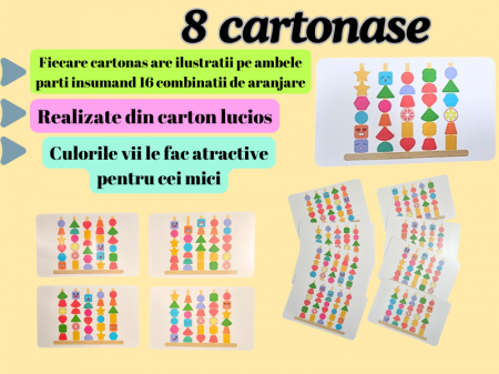 Joc educativ si interactiv din lemn tip Montessori, 30 piese, 16 ilustratii, Sortator cu 5 coloane, Stivuire, insiruire si sortatre, Sac depozitare piese, Multicolor [3]