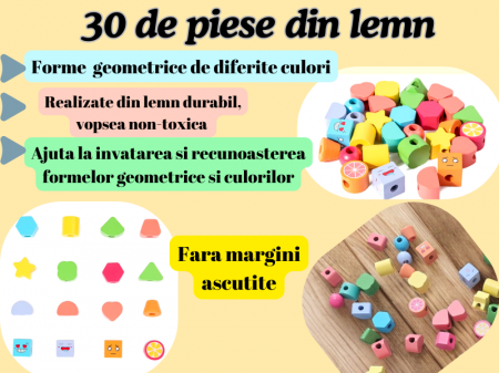 Joc educativ si interactiv din lemn tip Montessori, 30 piese, 16 ilustratii, Sortator cu 5 coloane, Stivuire, insiruire si sortatre, Sac depozitare piese, Multicolor [4]