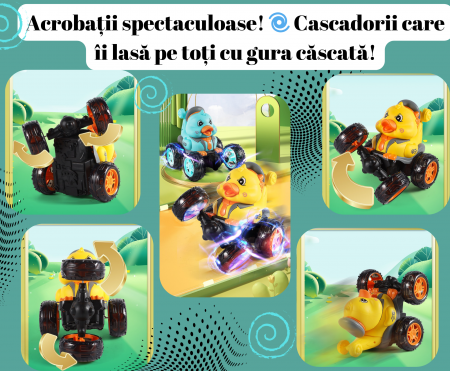 Masina cu Telecomanda, Acrobatii, Rotire 360°, Sunete si Lumini, Rezistenta la Impact, Baterie Reincarcabila, Cablu USB, Roti Antiderapante, Puisor, Galben 20cm, ERGINO® [2]