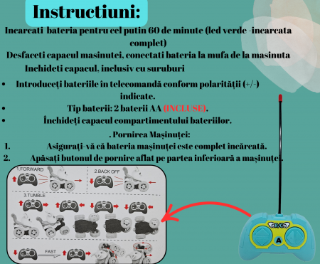 Masina cu Telecomanda, Acrobatii, Rotire 360°, Sunete si Lumini, Rezistenta la Impact, Baterie Reincarcabila, Cablu USB, Roti Antiderapante, Puisor, Verde, 20cm, ERGINO® [7]