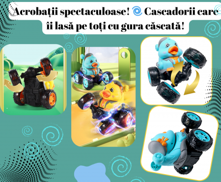 Masina cu Telecomanda, Acrobatii, Rotire 360°, Sunete si Lumini, Rezistenta la Impact, Baterie Reincarcabila, Cablu USB, Roti Antiderapante, Puisor, Verde, 20cm, ERGINO® [2]