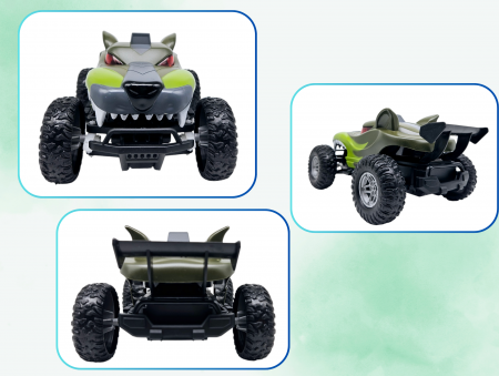 Masina cu Telecomanda Off-Road, Lumini, Baterie Reincarcabila, Cablu USB, Anvelope Cauciuc, Model Caine-Lup, Verde, Plastic, +3ani, ERGINO® [5]