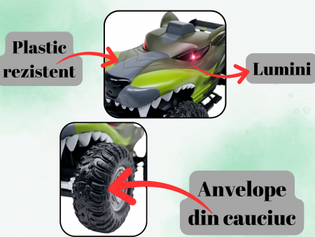 Masina cu Telecomanda Off-Road, Lumini, Baterie Reincarcabila, Cablu USB, Anvelope Cauciuc, Model Caine-Lup, Verde, Plastic, +3ani, ERGINO® [1]