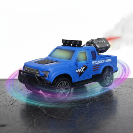 Jucarii interactive - Masina de Jucarie cu Lumini, Sunete si Efect Abur, Sistem Rotativ 360°, Jucarie Interactiva pentru Copii, ERGINO®, Baterii incluse, Plastic, 22cm, Albastru