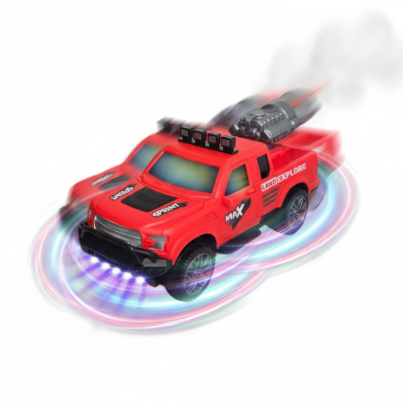 Jucarii interactive - Masina de Jucarie cu Lumini, Sunete si Efect Abur, Sistem Rotativ 360°, Jucarie Interactiva pentru Copii, Baterii incluse,  ERGINO®, Baterii incluse, Plastic, 22cm, Rosu