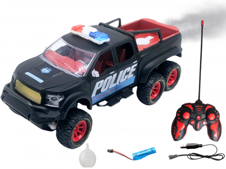 Masini cu telecomanda - Masina de Politie cu Telecomanda cu 6 Roti, Efect Abur si lumina led, Faruri Functionale si Baterie Reincarcabila, Calblu USB inclus, Negru, 24cm, Plastic