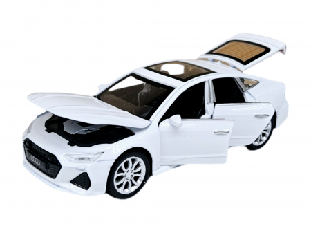 Masini metal 15-16cm - Masina metalica Audi A7, Sunete si lumini, usi capota si portbagaj care se deschid, Baterii incluse, 16cm, Alb, Scara 1:32, Replica