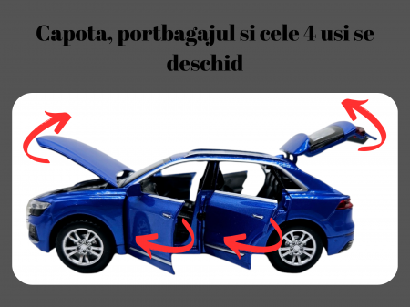 Masina metalica Audi Q8, Sunete realistice, Farurile si stopurile lumineaza, Usile, capota si portbagajul se deschid, Baterii incluse, 16cm, Albastru, Scara 1:32, Replica [1]