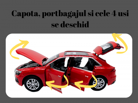 Masina metalica Audi Q8, Sunete realistice, Farurile si stopurile lumineaza, Usile, capota si portbagajul se deschid, Baterii incluse, 16cm, Rosu, Scara 1:32, Replica [1]