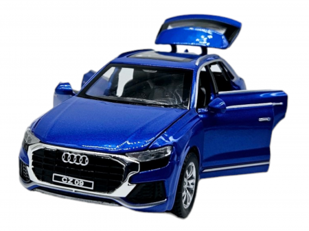 Masini metal 15-16cm - Masina metalica Audi Q8, Sunete realistice, Farurile si stopurile lumineaza, Usile, capota si portbagajul se deschid, Baterii incluse, 16cm, Albastru, Scara 1:32, Replica