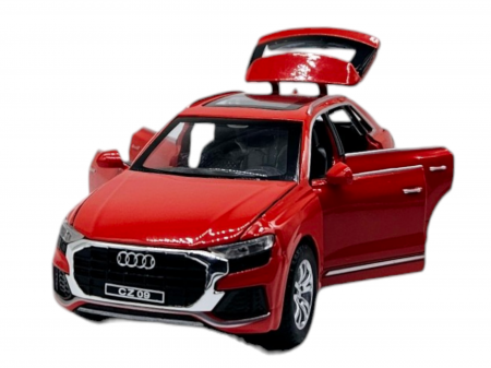 Masini metal 15-16cm - Masina metalica Audi Q8, Sunete realistice, Farurile si stopurile lumineaza, Usile, capota si portbagajul se deschid, Baterii incluse, 16cm, Rosu, Scara 1:32, Replica