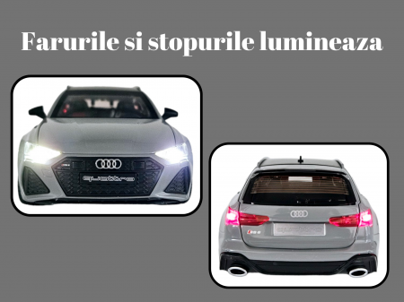 Masina metalica Audi RS7 cu portbagaj mobil, Sunete realistice, Farurile si stopurile lumineaza, Usile, capota si portbagajul se deschid, Baterii incluse,  21cm, Gri, Replica [4]