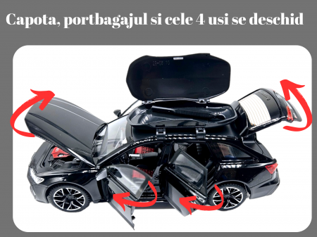 Masina metalica Audi RS7 cu portbagaj mobil, Sunete realistice, Farurile si stopurile lumineaza, Usile, capota si portbagajul se deschid, Baterii incluse,  21cm, Negru, Replica [1]