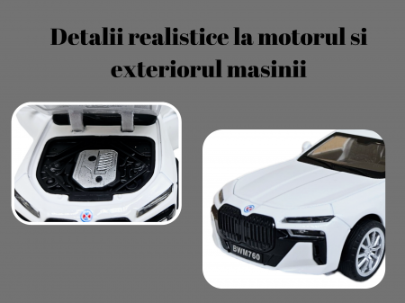 Masina metalica BMW 760, cu sunete si lumini, usi capota si portbagaj care se deschid, 16cm, Alb, Scara 1:32, Replica [1]