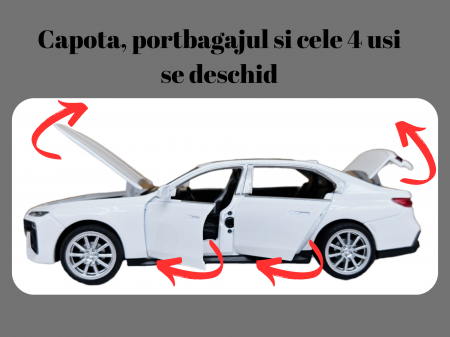 Masina metalica BMW 760, cu sunete si lumini, usi capota si portbagaj care se deschid, 16cm, Alb, Scara 1:32, Replica [2]