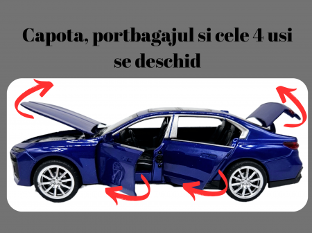 Masina metalica BMW 760, cu sunete si lumini, usi capota si portbagaj care se deschid, 16cm, Albastru, Scara 1:32, Replica [1]