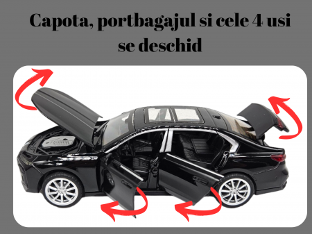 Masina metalica BMW 760, cu sunete si lumini, usi capota si portbagaj care se deschid, 16cm, Negru, Scara 1:32, Replica [1]