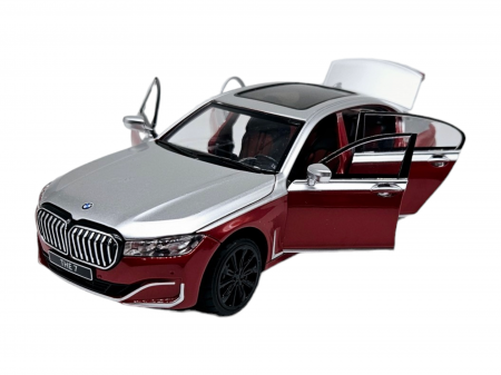 Masini metalice 21-25cm - Masina metalica BMW Seria 7, 3 sunete realistice, Farurile si stopurile lumineaza, Usile, capota si portbagajul se deschid, Baterii incluse, 22cm, Rosu, Scara 1:24, Replica