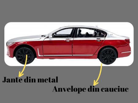 Masina metalica BMW Seria 7, 3 sunete realistice, Farurile si stopurile lumineaza, Usile, capota si portbagajul se deschid, Baterii incluse, 22cm, Rosu, Scara 1:24, Replica [3]