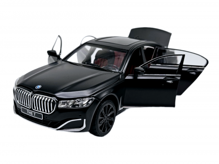 Masini metalice 21-25cm - Masina metalica BMW Seria 7, 3 sunete realistice, Farurile si stopurile lumineaza, Usile, capota si portbagajul se deschid, Baterii incluse, 22cm, Negru, Scara 1:24, Replica