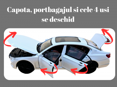 Masina metalica BMW Seria 7, 3 sunete realistice, Farurile si stopurile lumineaza, Usile, capota si portbagajul se deschid, Baterii incluse, 22cm, Alb, Scara 1:24, Replica [1]