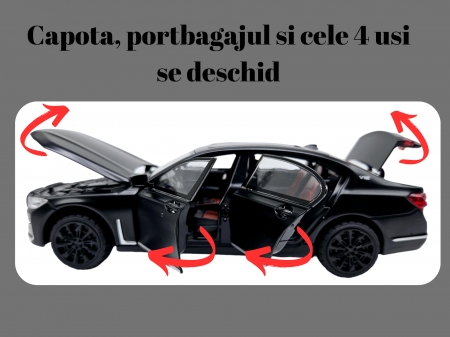Masina metalica BMW Seria 7, 3 sunete realistice, Farurile si stopurile lumineaza, Usile, capota si portbagajul se deschid, Baterii incluse, 22cm, Negru, Scara 1:24, Replica [2]