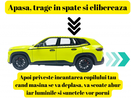 Masina Metalica tip BMW XM cu Efecte de Fum, Sunete si Lumini, Usi Mobile, Functie Pull-back, Baterii incluse, 21cm, Verde neon [2]