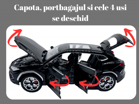Masina metalica Lamborghini Urus cu efecte de fum, Sunete realistice, Farurile si stopurile lumineaza, Claxoneaza, Capota, portbagajul si cele 4 usi se deschid, Baterii incluse, 21cm, Negru, Replica [1]