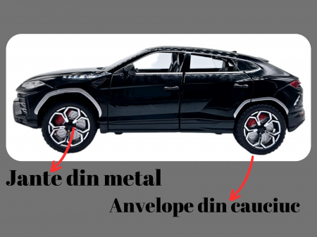 Masina metalica Lamborghini Urus cu efecte de fum, Sunete realistice, Farurile si stopurile lumineaza, Claxoneaza, Capota, portbagajul si cele 4 usi se deschid, Baterii incluse, 21cm, Negru, Replica [6]