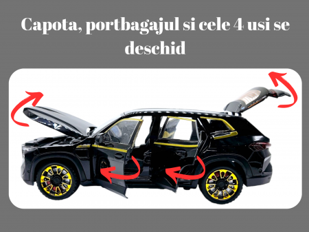 Masina metalica BMW XM cu efecte de fum, Sunete realistice, Farurile si stopurile lumineaza, Capota, portbagajul si cele 4 usi se deschid, Baterii incluse, 21cm, Negru, Replica [1]