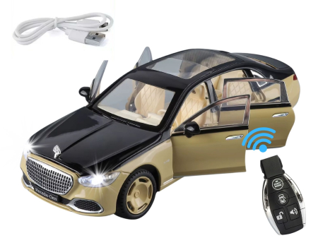 Masini metalice 21-25cm - Masina metalica cu Cheie, tip Mercedes Maybach S 680, Usile se deschid din Cheie, Sunete si lumini, Cablu USB, Capota si portbagaj mobile, scara 1:24, Bej, 20cm