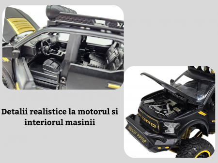 Masina metalica, cu sunete si lumini, usi mobile, capota mobila, jeep, tip Ford Raptor, cu motocicleta detasabila, Scara 1:28, Negru, 21cm Negru [3]