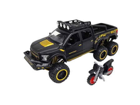 Masini metalice 21-25cm - Masina metalica, cu sunete si lumini, usi mobile, capota mobila, jeep, tip Ford Raptor, cu motocicleta detasabila, Scara 1:28, Negru, 21cm Negru