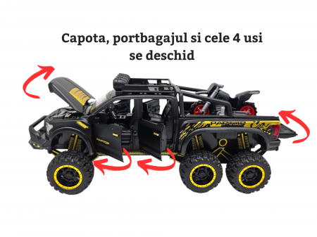 Masina metalica, cu sunete si lumini, usi mobile, capota mobila, jeep, tip Ford Raptor, cu motocicleta detasabila, Scara 1:28, Negru, 21cm Negru [2]