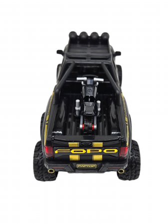 Masina metalica, cu sunete si lumini, usi mobile, capota mobila, jeep, tip Ford Raptor, cu motocicleta detasabila, Scara 1:28, Negru, 21cm Negru [6]
