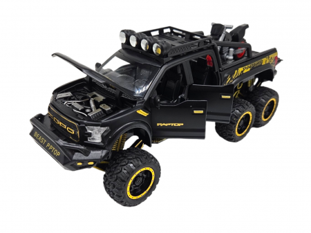 Masina metalica, cu sunete si lumini, usi mobile, capota mobila, jeep, tip Ford Raptor, cu motocicleta detasabila, Scara 1:28, Negru, 21cm Negru [8]