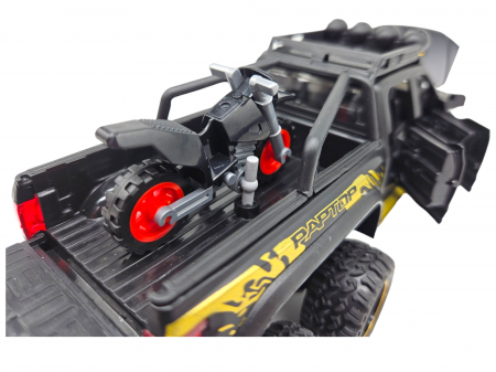 Masina metalica, cu sunete si lumini, usi mobile, capota mobila, jeep, tip Ford Raptor, cu motocicleta detasabila, Scara 1:28, Negru, 21cm Negru [7]