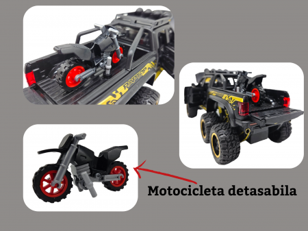 Masina metalica, cu sunete si lumini, usi mobile, capota mobila, jeep, tip Ford Raptor, cu motocicleta detasabila, Scara 1:28, Negru, 21cm Negru [5]