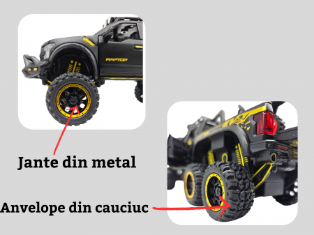 Masina metalica, cu sunete si lumini, usi mobile, capota mobila, jeep, tip Ford Raptor, cu motocicleta detasabila, Scara 1:28, Negru, 21cm Negru [4]