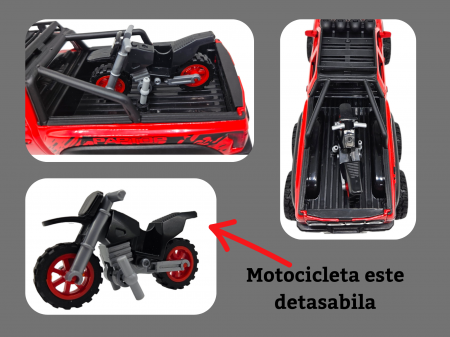 Masina metalica, cu sunete si lumini, usi mobile, capota mobila, jeep, tip Ford Raptor, cu motocicleta detasabila, Scara 1:28, 21cm, Rosu [2]