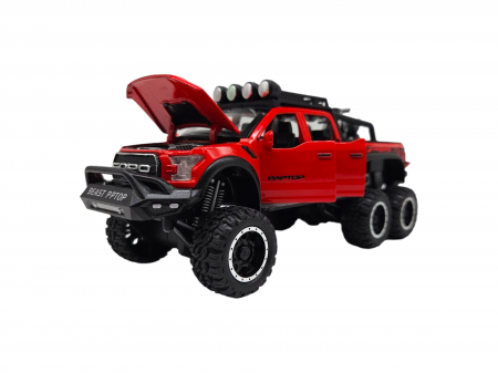 Masina metalica, cu sunete si lumini, usi mobile, capota mobila, jeep, tip Ford Raptor, cu motocicleta detasabila, Scara 1:28, 21cm, Rosu [9]