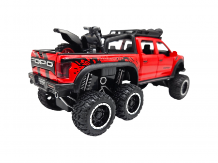 Masina metalica, cu sunete si lumini, usi mobile, capota mobila, jeep, tip Ford Raptor, cu motocicleta detasabila, Scara 1:28, 21cm, Rosu [6]