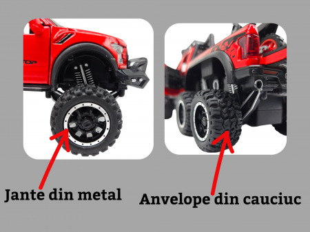 Masina metalica, cu sunete si lumini, usi mobile, capota mobila, jeep, tip Ford Raptor, cu motocicleta detasabila, Scara 1:28, 21cm, Rosu [5]