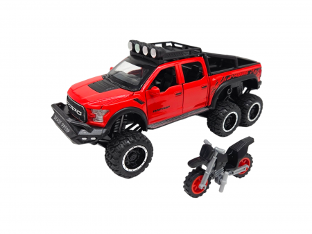 Masini metalice 21-25cm - Masina metalica, cu sunete si lumini, usi mobile, capota mobila, jeep, tip Ford Raptor, cu motocicleta detasabila, Scara 1:28, 21cm, Rosu