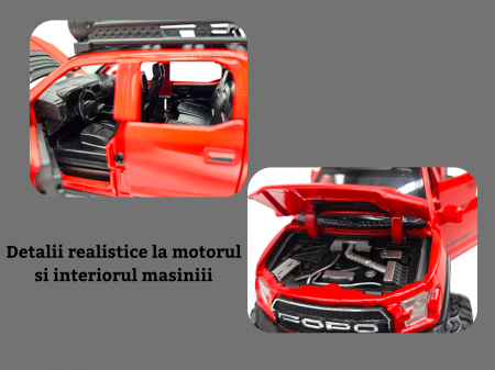 Masina metalica, cu sunete si lumini, usi mobile, capota mobila, jeep, tip Ford Raptor, cu motocicleta detasabila, Scara 1:28, 21cm, Rosu [3]